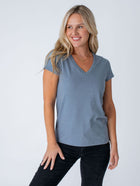 Maddy is 5'8", size 4 and wears a size S # Women's V-Neck Tee in Wedgewood | Fresh Clean Threads