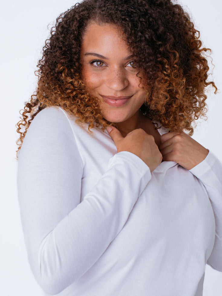 Women's Long Sleeve V-Neck in White | Fresh Clean Threads