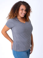 Micah is 5'9, size 10 and wears a size L # Women's V-Neck in Heather Grey | Fresh Clean Threads