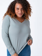 Micah is 5'9, size 10 and wears a size L # Women's Vintage Green Long Sleeve | V-Neck | Fresh Clean Threads