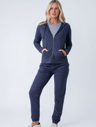 Maddy is 5'8", size 4 and wears a size S # Women's Blue Terry Jogger + Hoodie Sets | Fresh Clean Threads