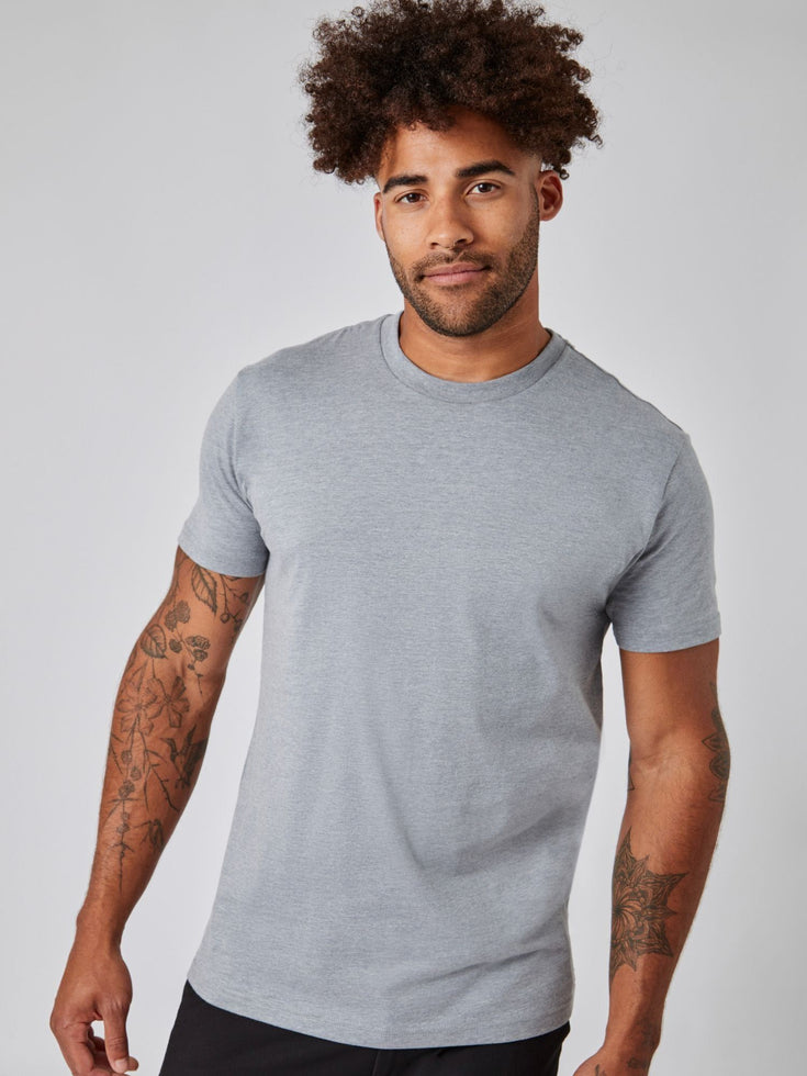 Heather Grey Crew Neck Tee | Model Size Large | Fresh Clean Threads