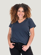 Micah is 5'9, size 10 and wears a size L # Women's Tees | Odyssey Blue V-Neck | Fresh Clean Threads